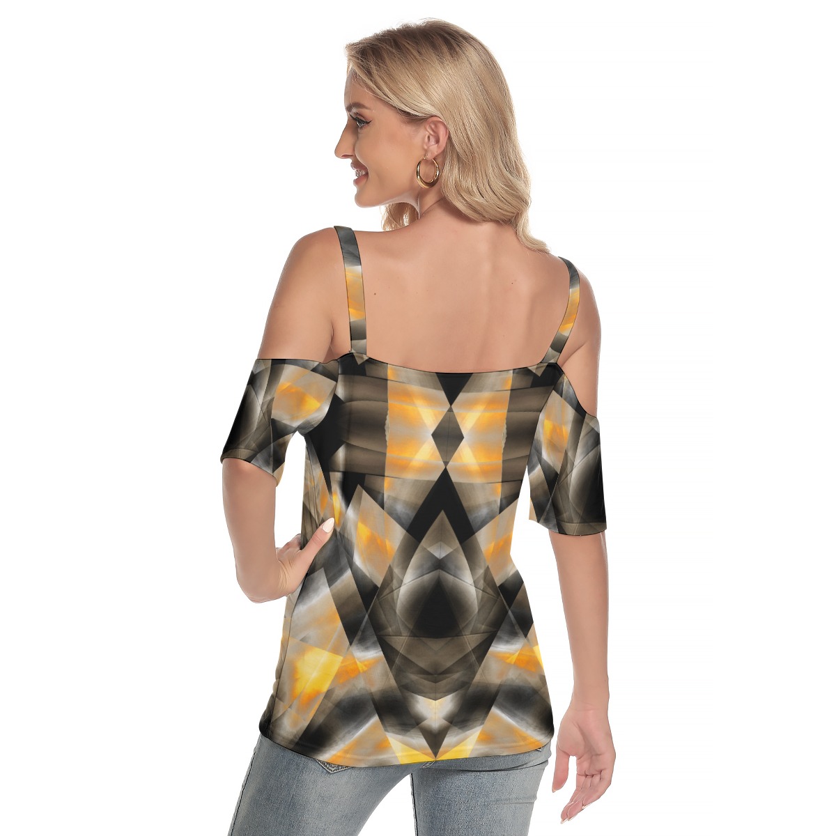 All-Over Print Women's Cold Shoulder T-shirt With Criss Cross Strips - Image 4