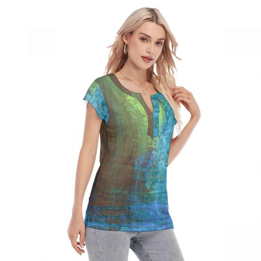 All-Over Print Women's Collarless Deep V-neck Short Sleeves Blouse - Image 3