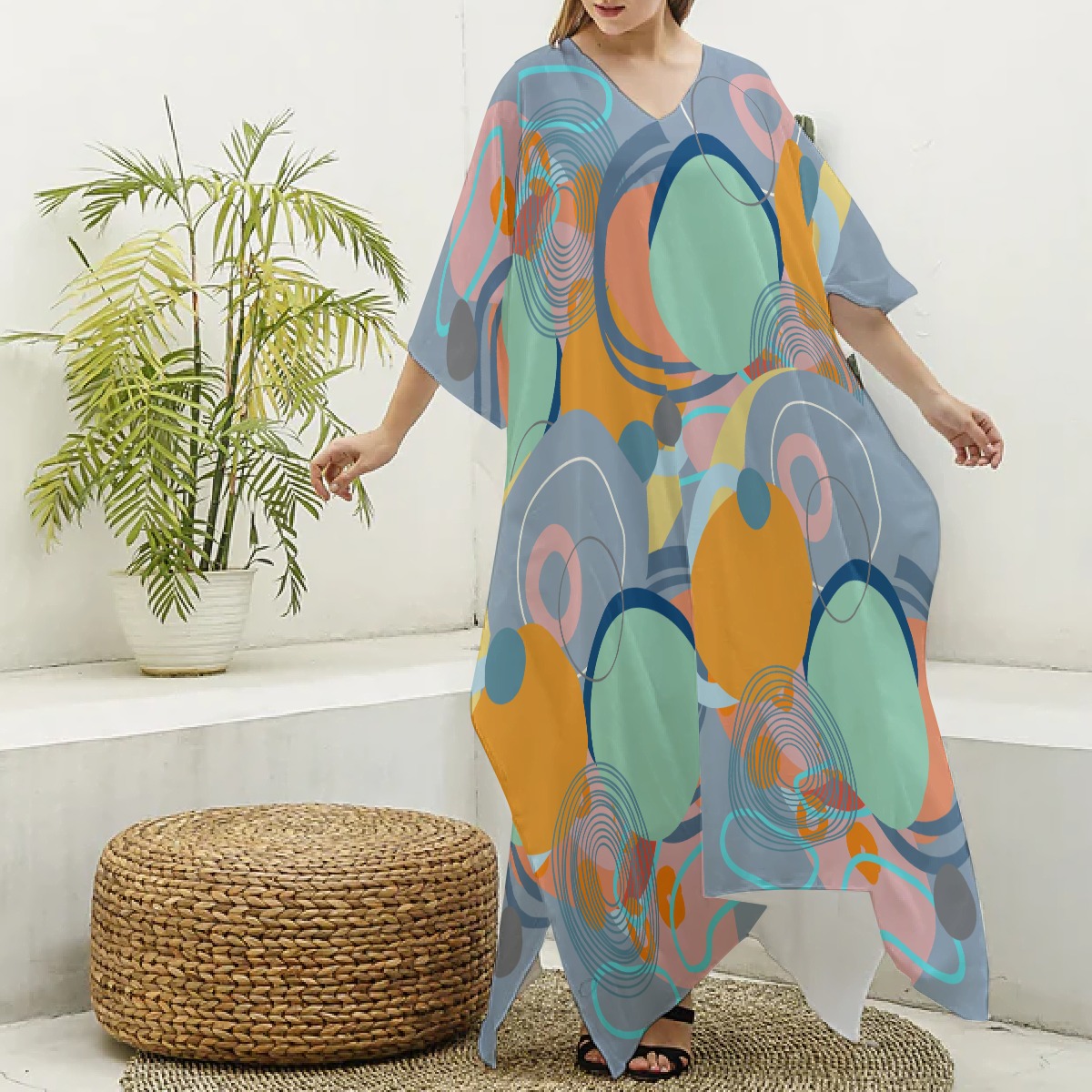 All-Over Print Women's Imitation Silk V-neck Kaftan Robe