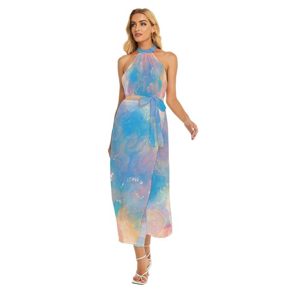 All-Over Print Women's Wrap Hem Belted Halter Dress