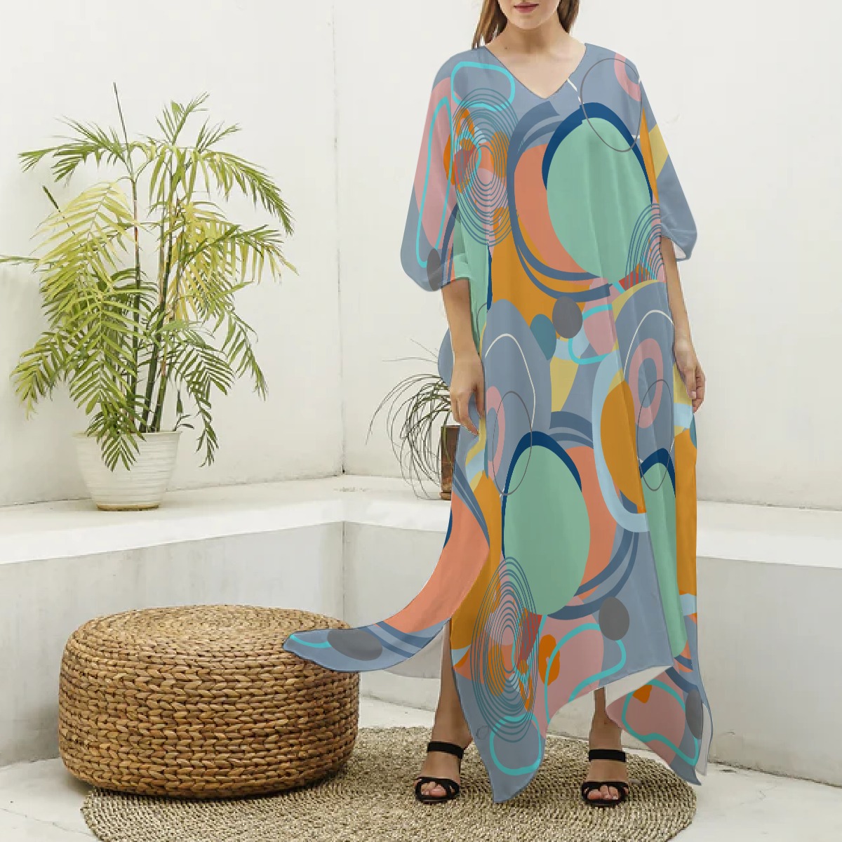 All-Over Print Women's Imitation Silk V-neck Kaftan Robe - Image 3