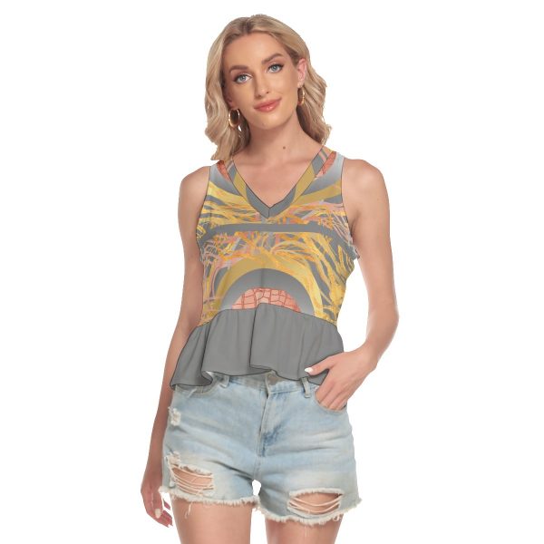 All-Over Print Women's V-neck Ruffle Hem Blouse