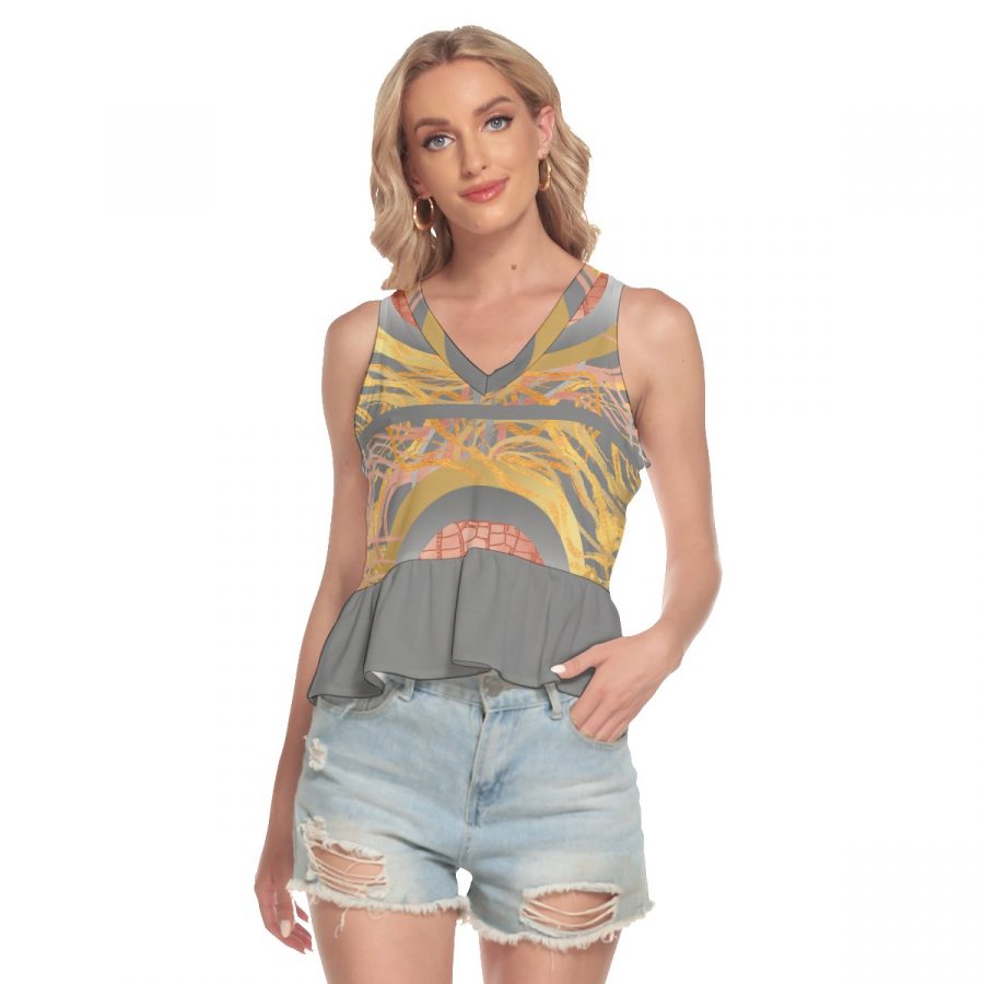 All-Over Print Women's V-neck Ruffle Hem Blouse