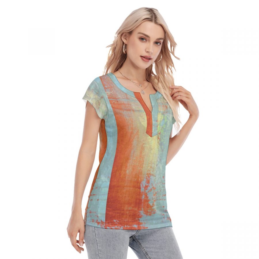 All-Over Print Women's Collarless Deep V-neck Short Sleeves Blouse - Image 3