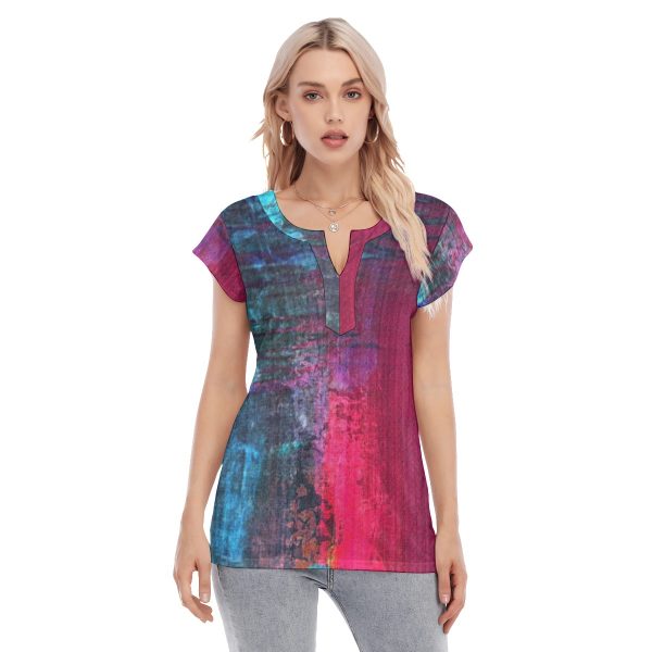 All-Over Print Women's Collarless Deep V-neck Short Sleeves Blouse