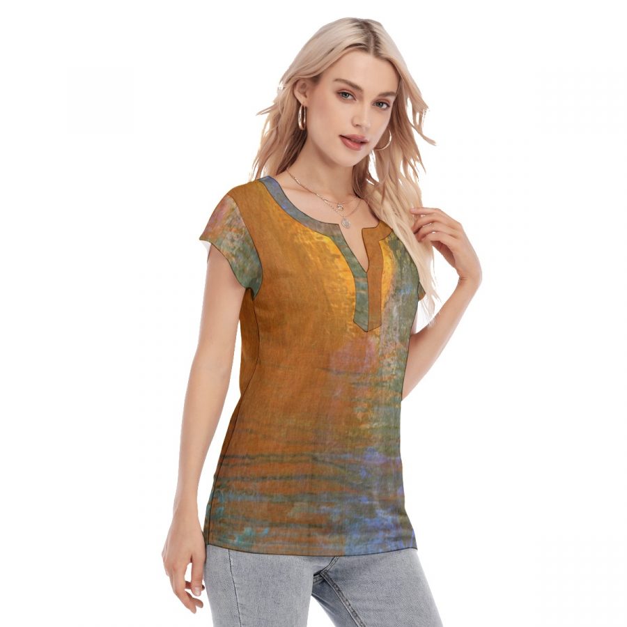 All-Over Print Women's Collarless Deep V-neck Short Sleeves Blouse - Image 3