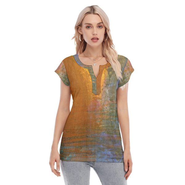 All-Over Print Women's Collarless Deep V-neck Short Sleeves Blouse