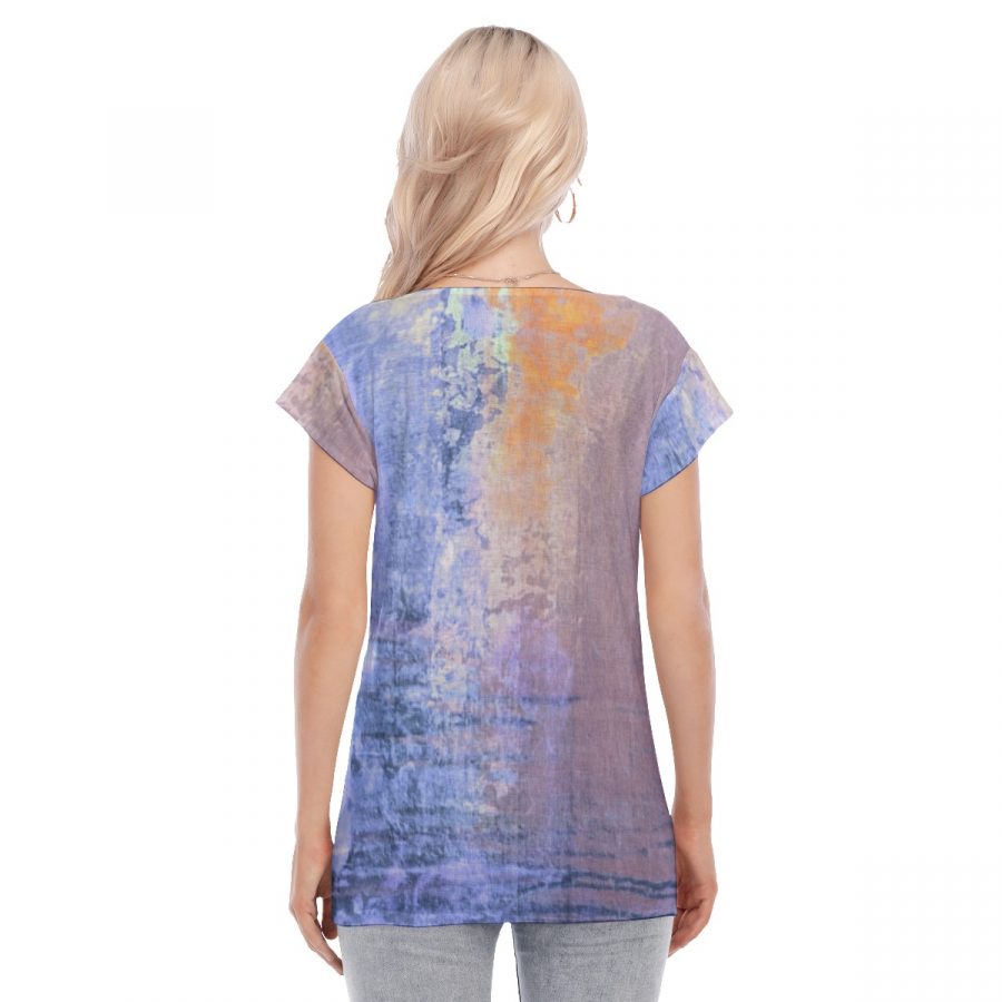 All-Over Print Women's Collarless Deep V-neck Short Sleeves Blouse - Image 4
