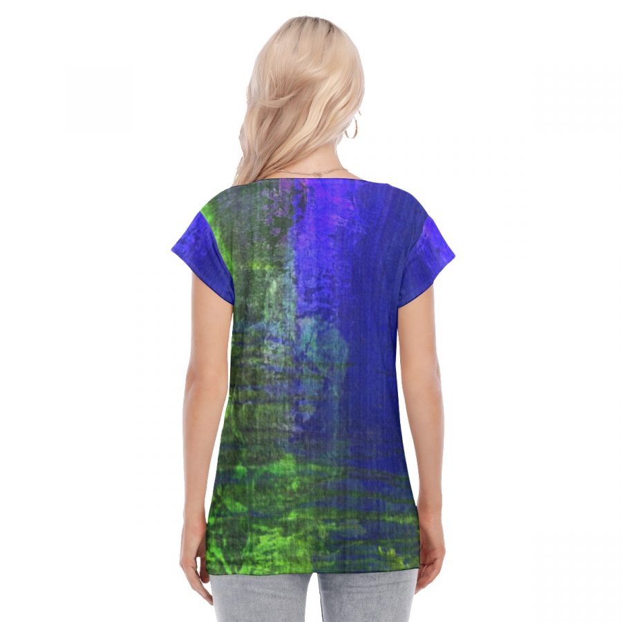 All-Over Print Women's Collarless Deep V-neck Short Sleeves Blouse - Image 4