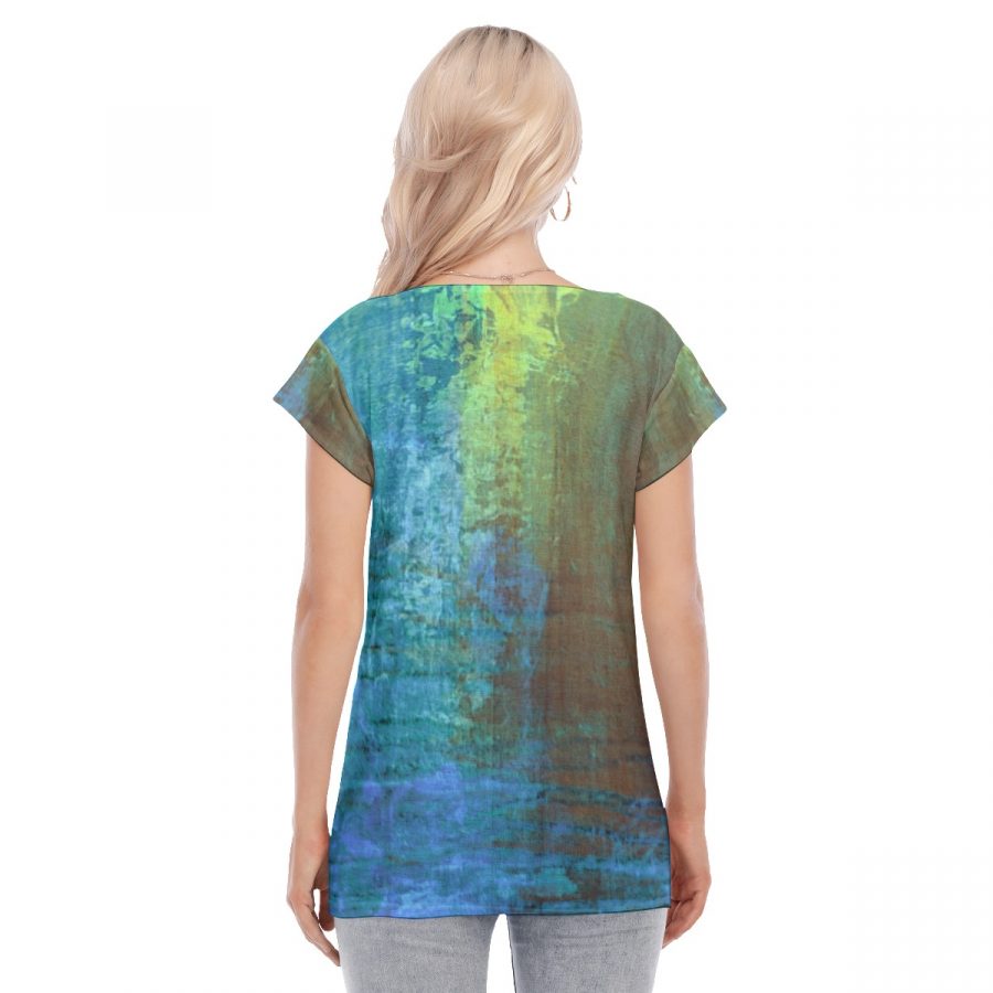 All-Over Print Women's Collarless Deep V-neck Short Sleeves Blouse - Image 4
