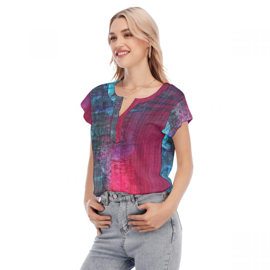 All-Over Print Women's Collarless Deep V-neck Short Sleeves Blouse - Image 2