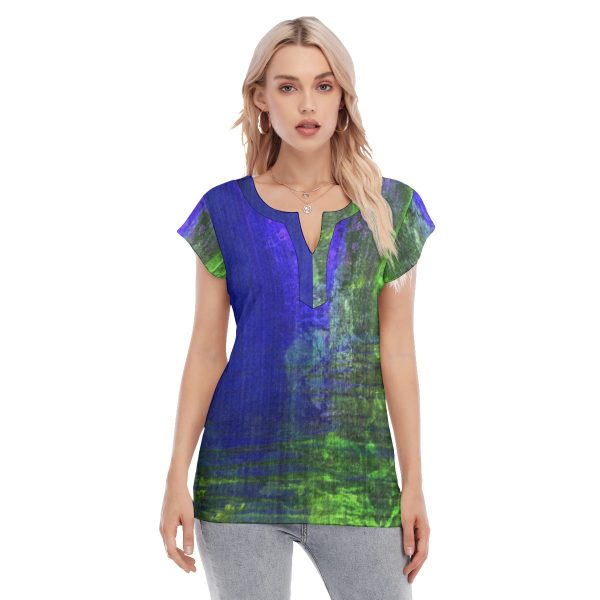 All-Over Print Women's Collarless Deep V-neck Short Sleeves Blouse