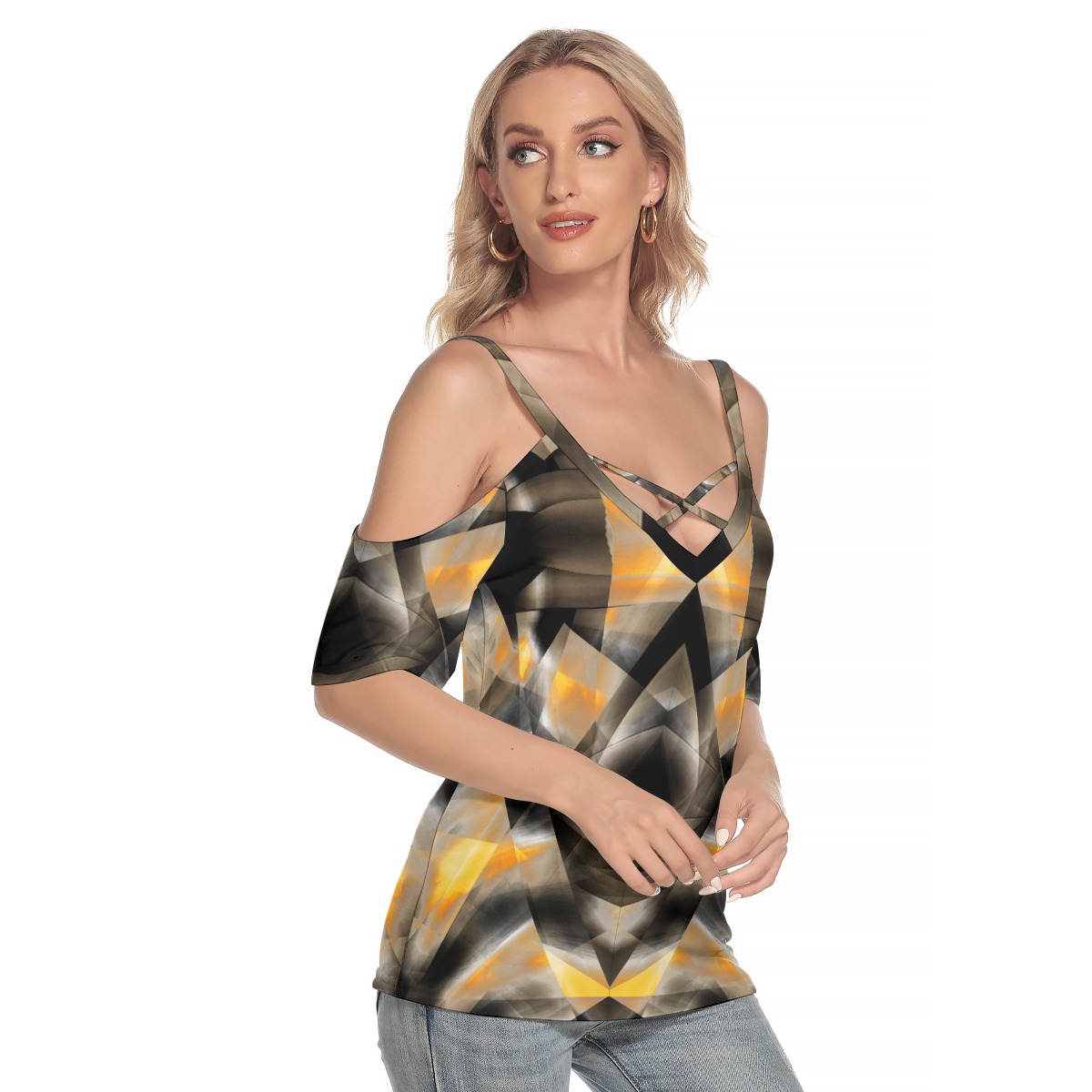 All-Over Print Women's Cold Shoulder T-shirt With Criss Cross Strips - Image 2