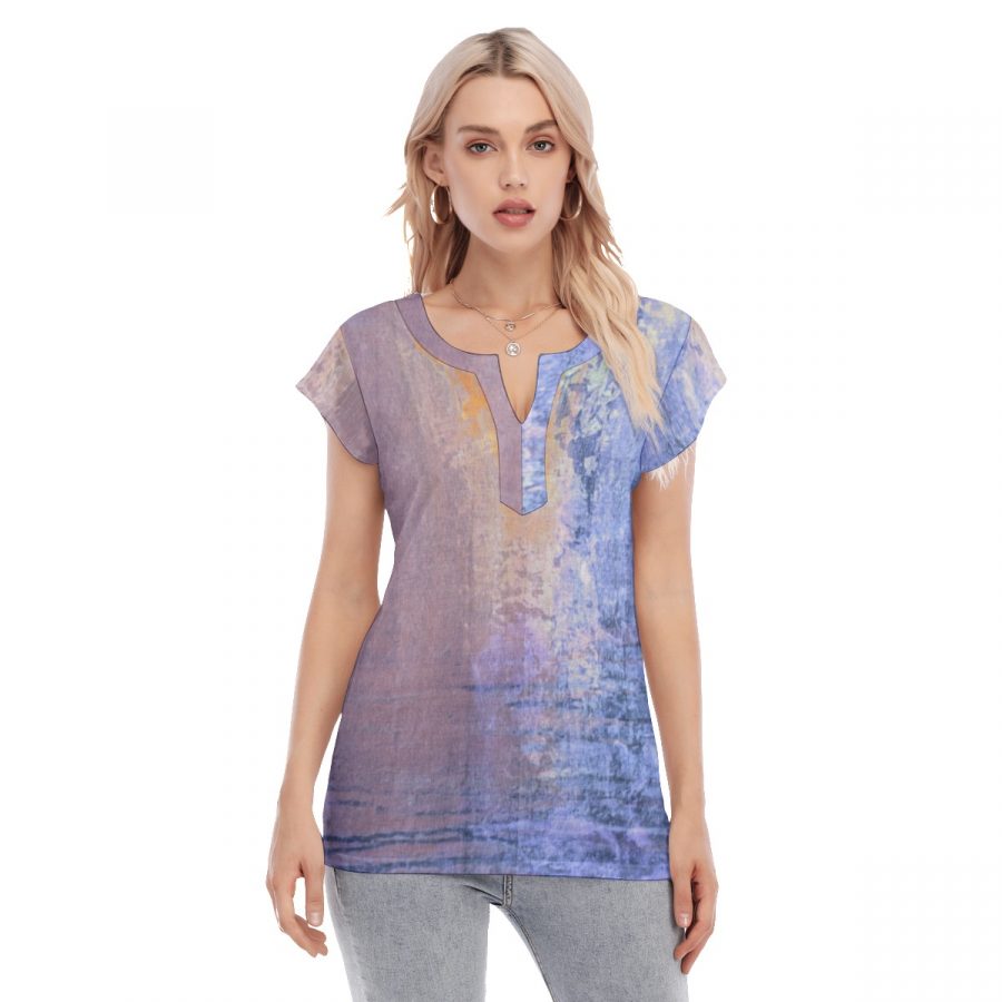 All-Over Print Women's Collarless Deep V-neck Short Sleeves Blouse