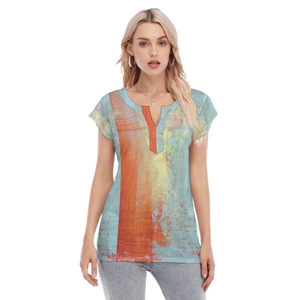 All-Over Print Women's Collarless Deep V-neck Short Sleeves Blouse