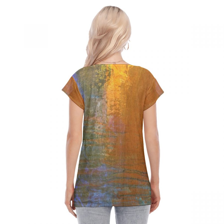 All-Over Print Women's Collarless Deep V-neck Short Sleeves Blouse - Image 4