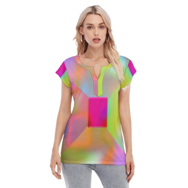 All-Over Print Women's Collarless Deep V-neck Short Sleeves Blouse