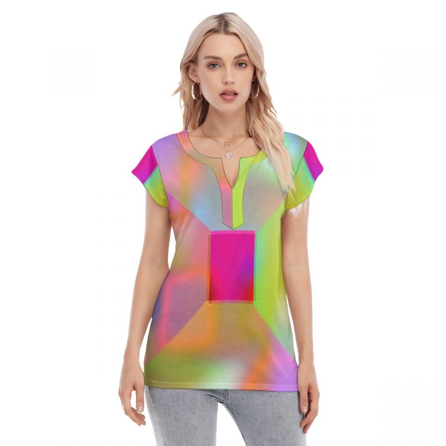 All-Over Print Women's Collarless Deep V-neck Short Sleeves Blouse