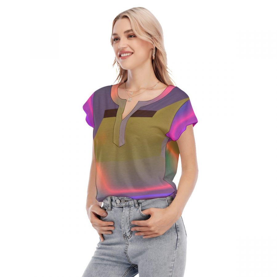 All-Over Print Women's Collarless Deep V-neck Short Sleeves Blouse - Image 2