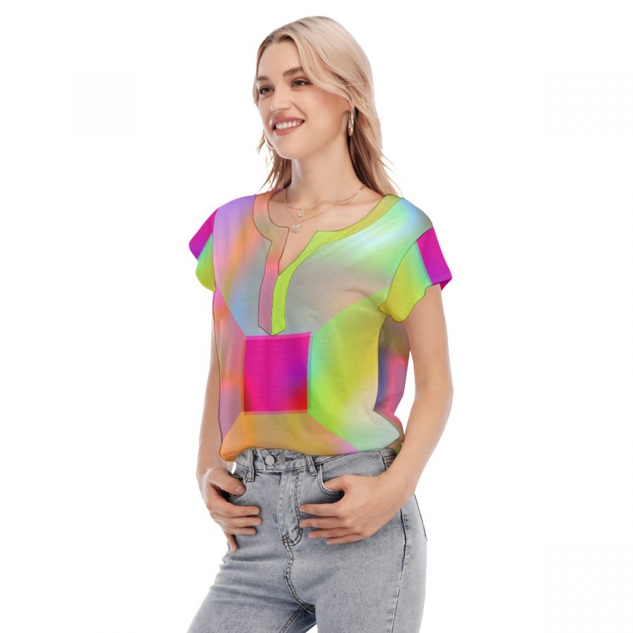 All-Over Print Women's Collarless Deep V-neck Short Sleeves Blouse - Image 2