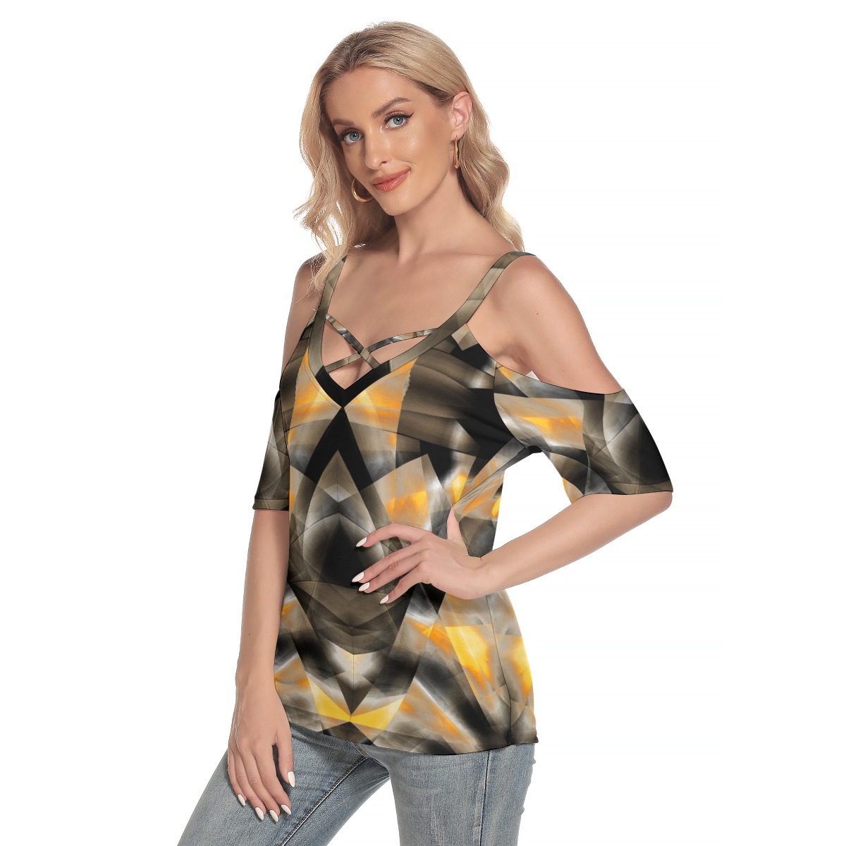 All-Over Print Women's Cold Shoulder T-shirt With Criss Cross Strips - Image 3
