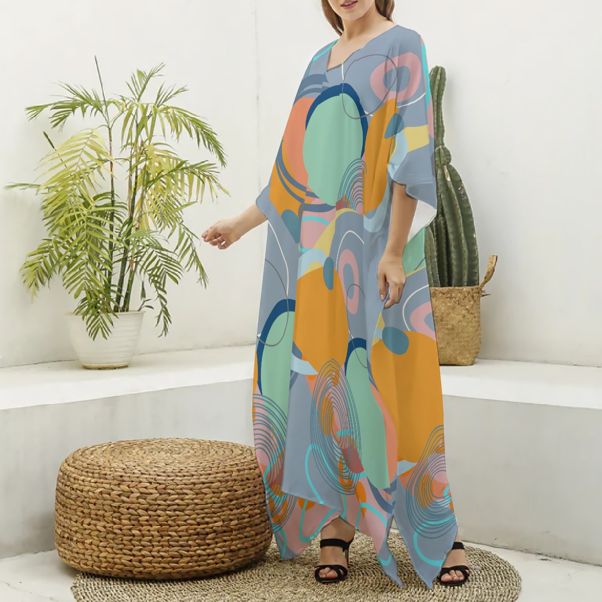All-Over Print Women's Imitation Silk V-neck Kaftan Robe - Image 2