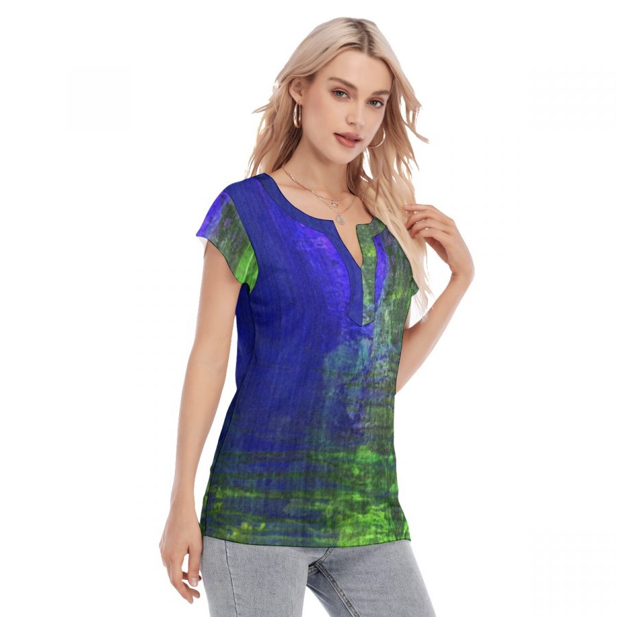 All-Over Print Women's Collarless Deep V-neck Short Sleeves Blouse - Image 3