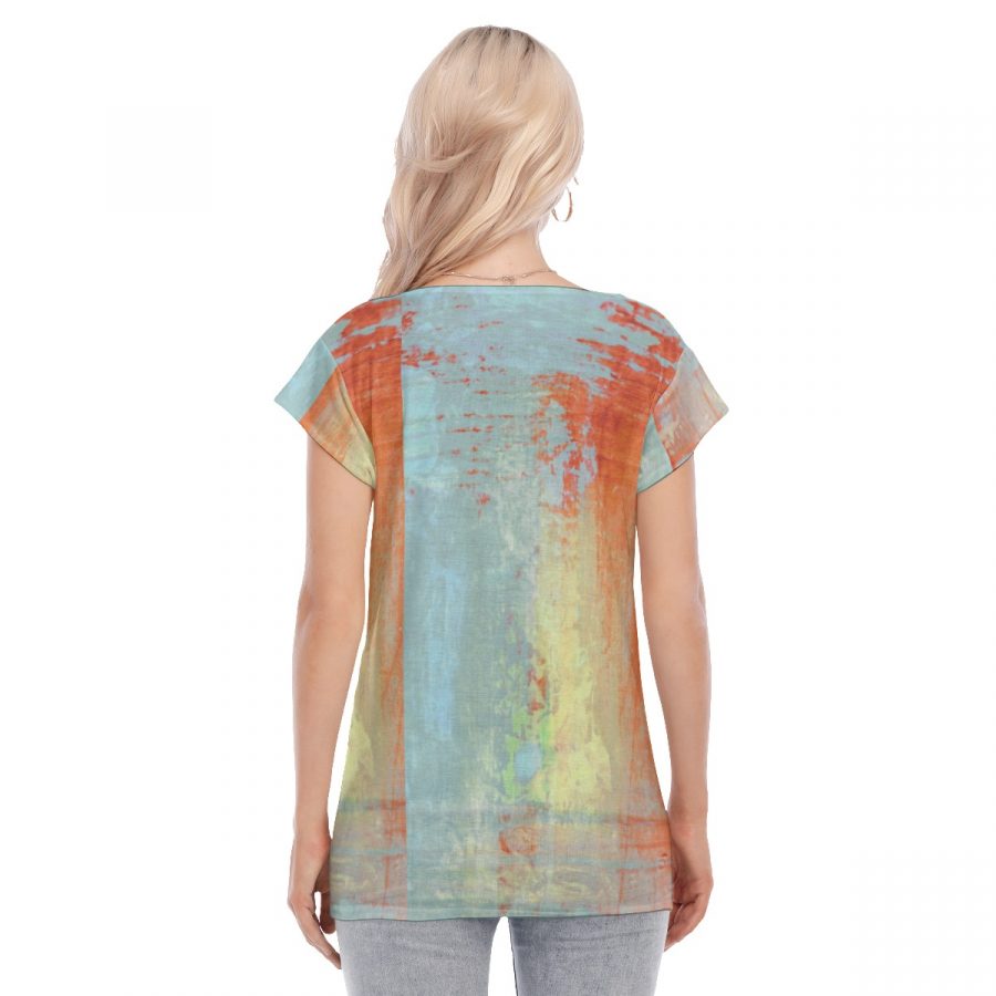 All-Over Print Women's Collarless Deep V-neck Short Sleeves Blouse - Image 4