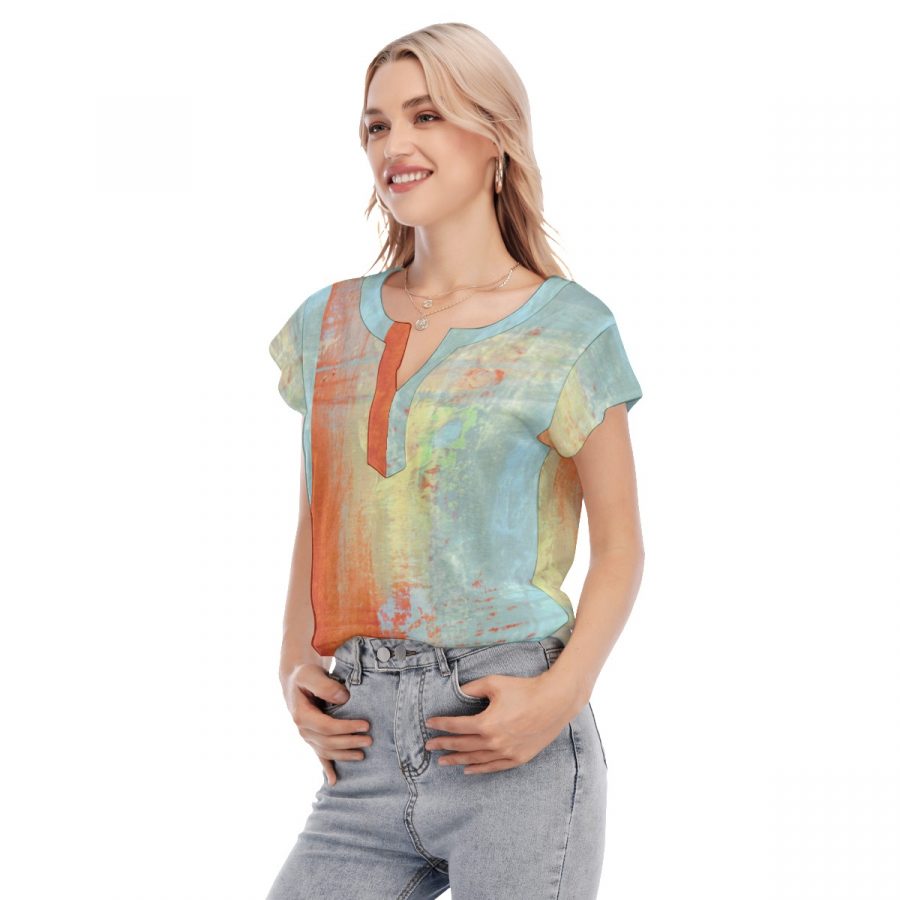 All-Over Print Women's Collarless Deep V-neck Short Sleeves Blouse - Image 2