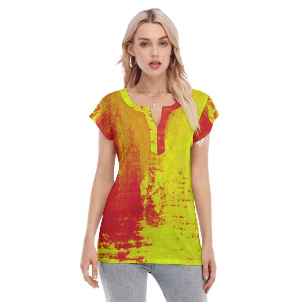All-Over Print Women's Collarless Deep V-neck Short Sleeves Blouse