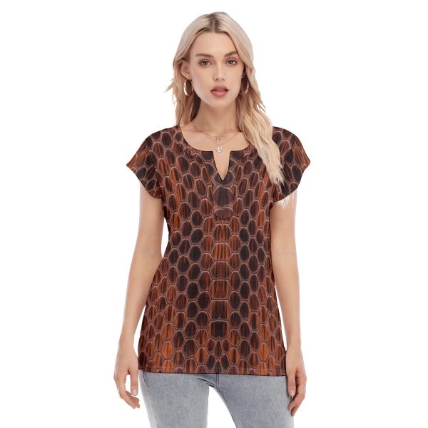 All-Over Print Women's Collarless Deep V-neck Short Sleeves Blouse