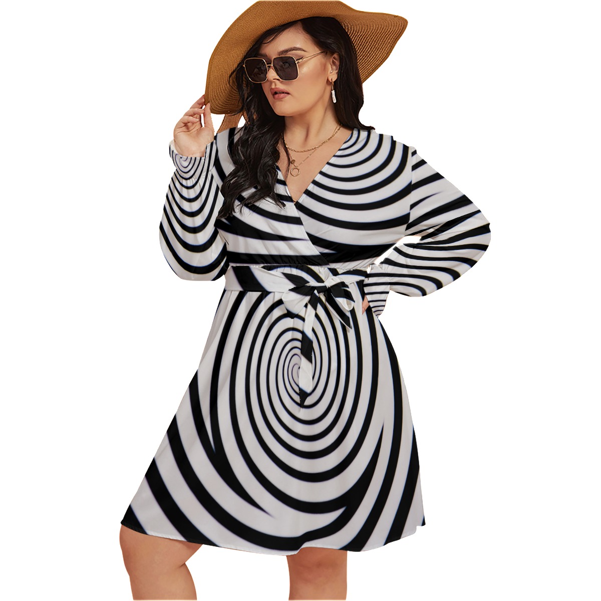 All-Over Print Women's V-neck Dress With Waistband(Plus Size) - Image 3