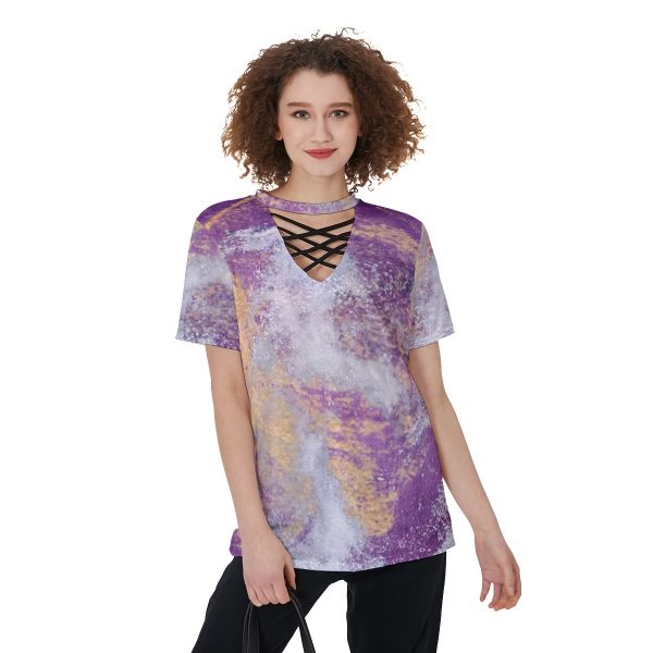 All-Over Print V-Neck String Short Sleeve Shirt