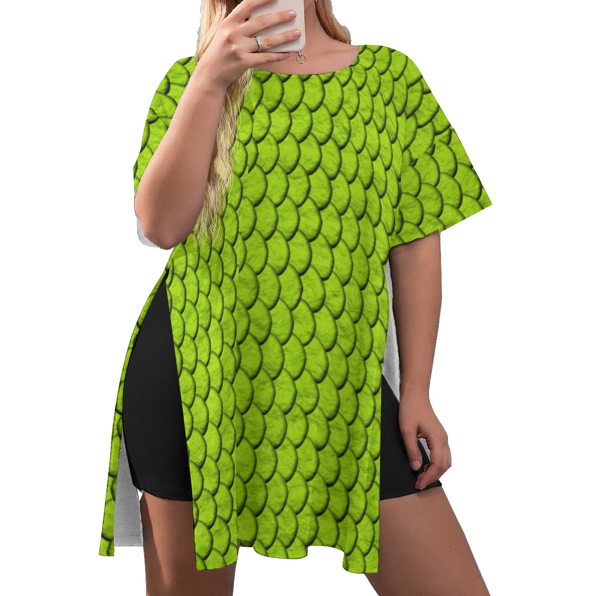 All-Over Print Women's Drop-Shoulder T-Shirt with Side Split and Shorts (Plus Size) - Image 4