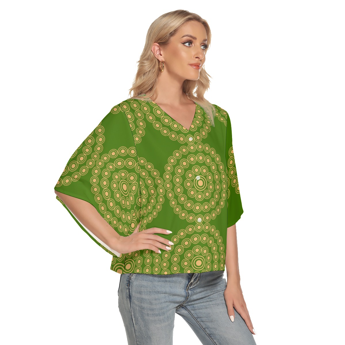 All-Over Print Women's Bat Sleeve Light V-neck Front Buttoned Top - Image 2