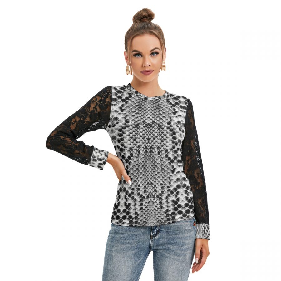 All-Over Print Women's T-shirt And Sleeve With Black Lace - Image 3