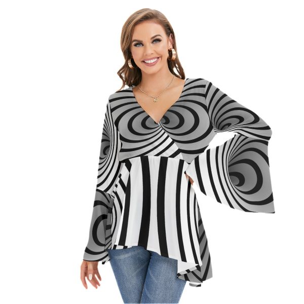 All-Over Print Women's V-neck Blouse With Flared Sleeves