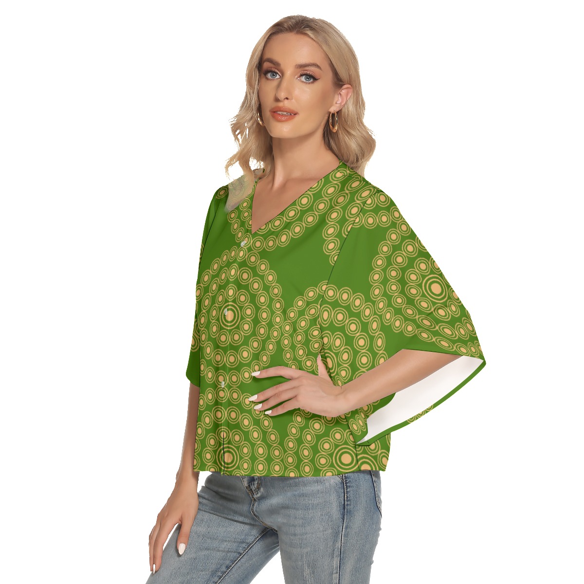 All-Over Print Women's Bat Sleeve Light V-neck Front Buttoned Top - Image 3