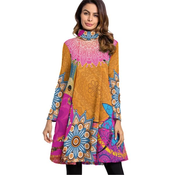 All-Over Print Women's High Neck Dress With Long Sleeve