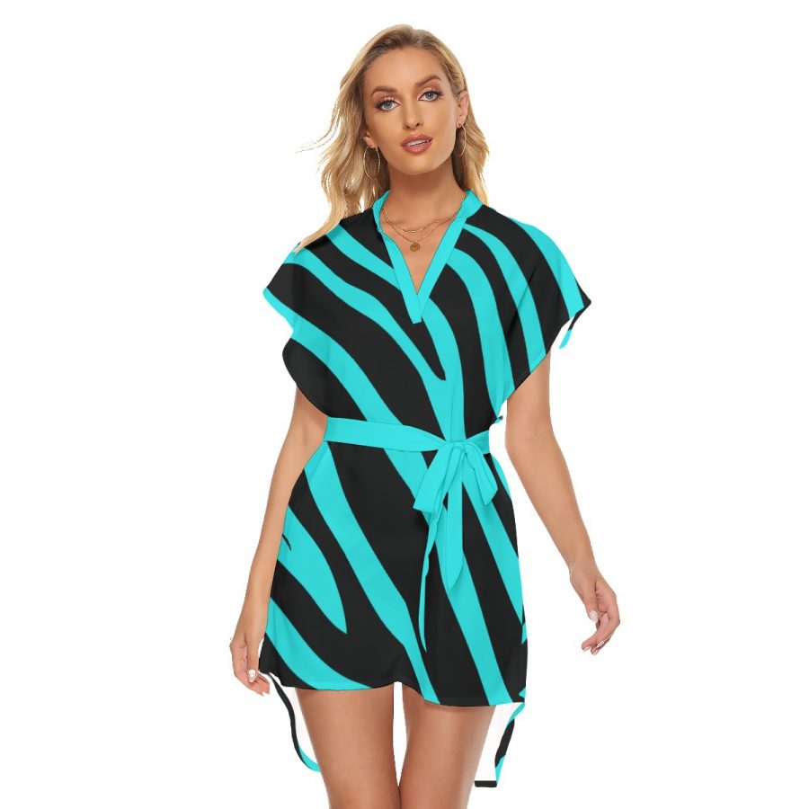 All-Over Print Women's Stand-up Collar Casual Dress With Belt - Image 2