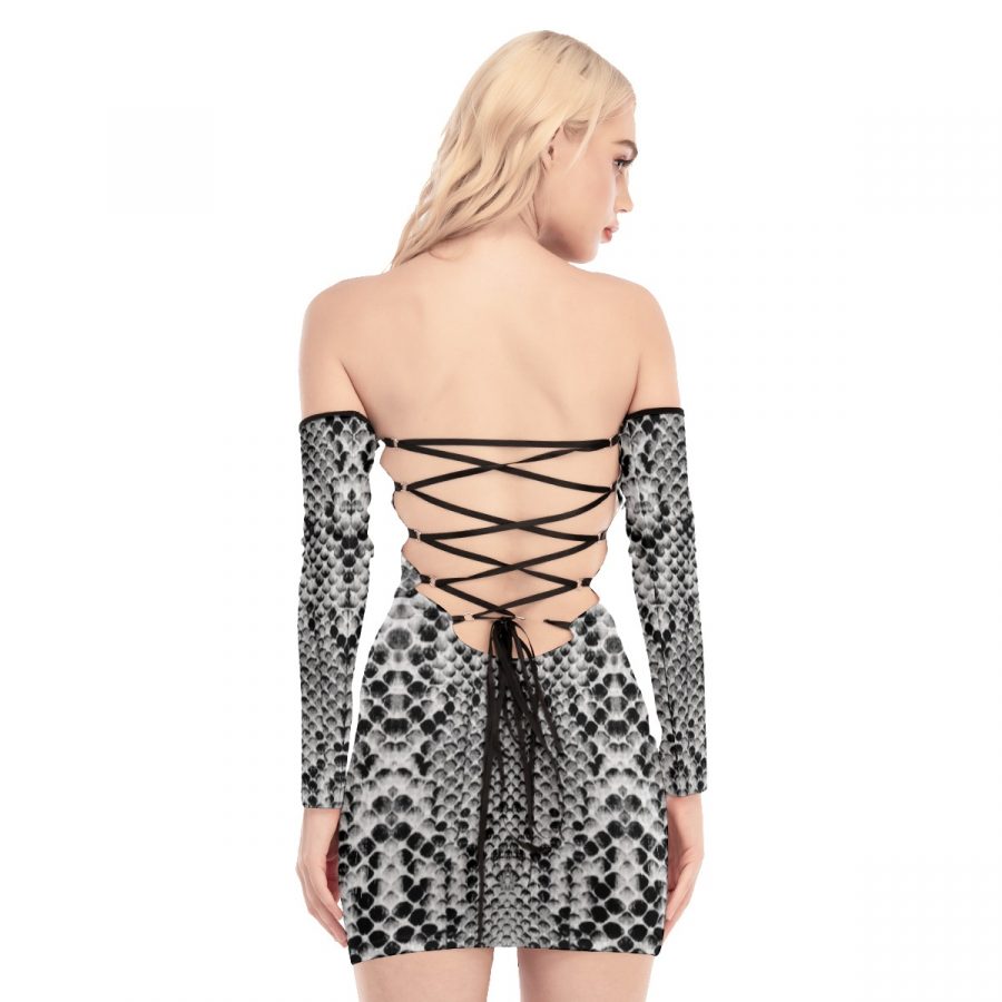 All-Over Print Women's Off-shoulder Back Lace-up Dress - Image 3