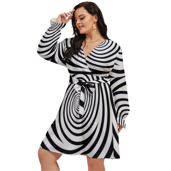All-Over Print Women's V-neck Dress With Waistband(Plus Size)