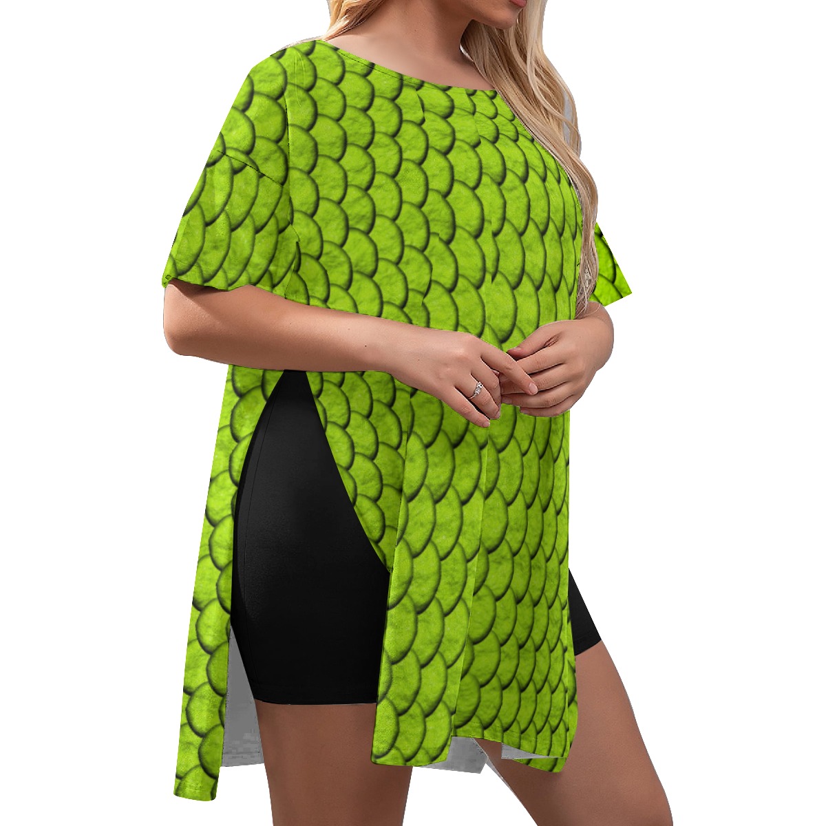 All-Over Print Women's Drop-Shoulder T-Shirt with Side Split and Shorts (Plus Size) - Image 2