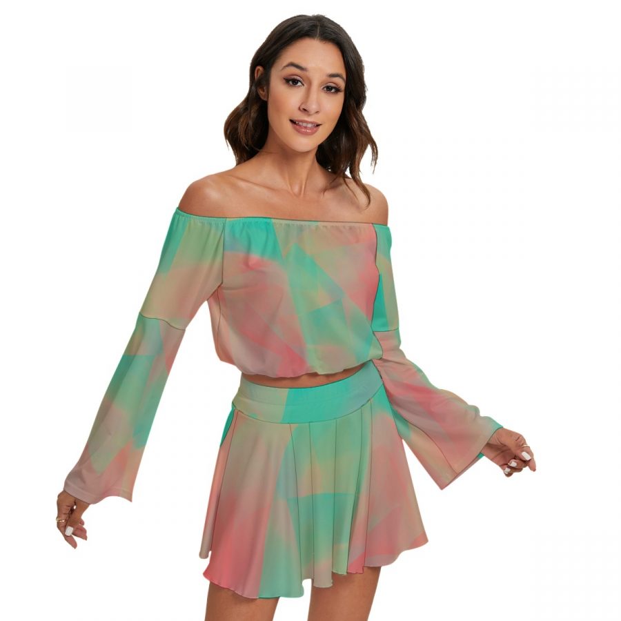 All-Over Print Women's Off-shoulder Top And Skirt Set - Image 3