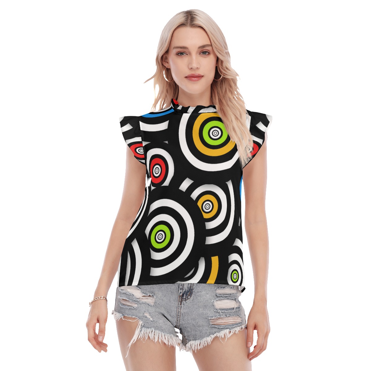 All-Over Print Women's Blouse With Ruffle Collar And Sleeve - Image 3