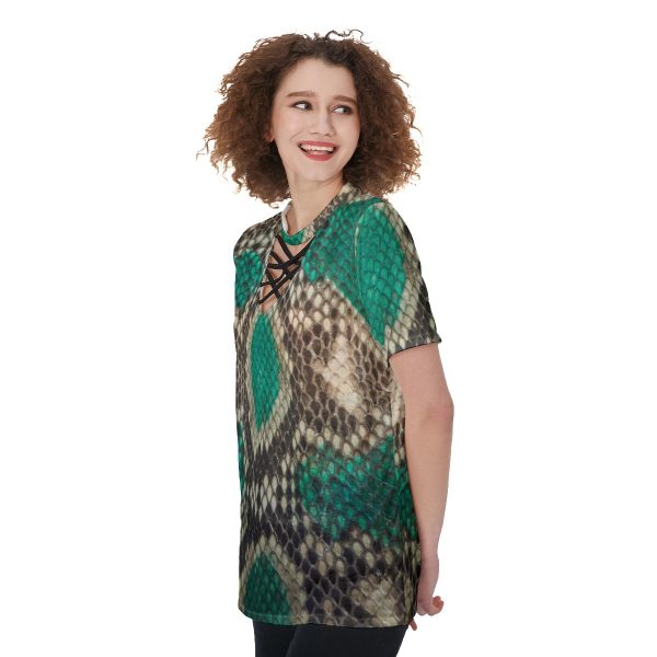 All-Over Print V-Neck String Short Sleeve Shirt