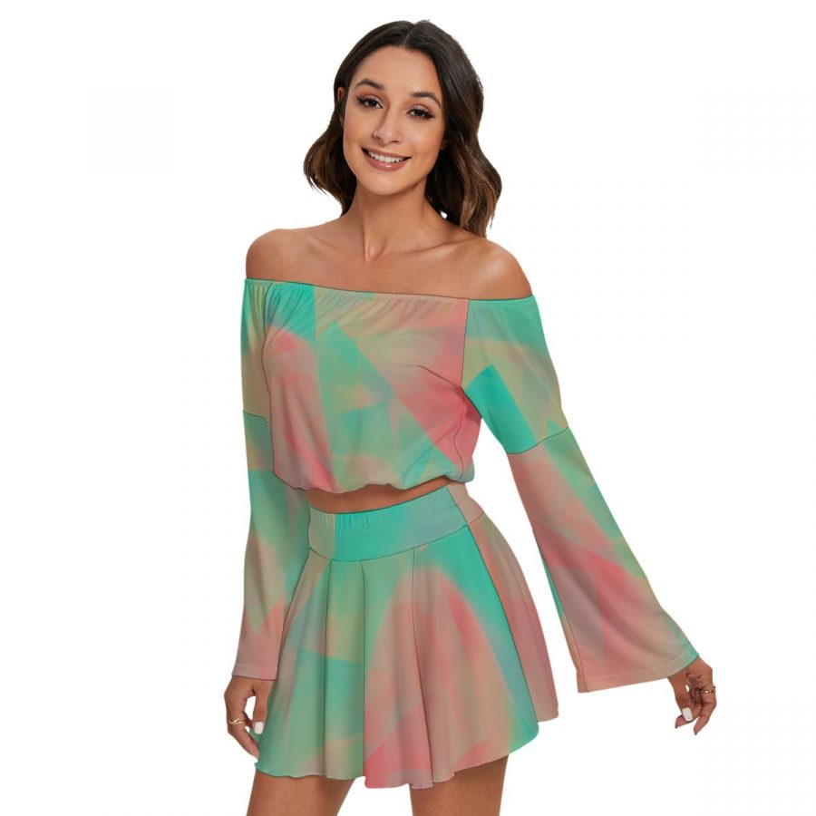 All-Over Print Women's Off-shoulder Top And Skirt Set - Image 2
