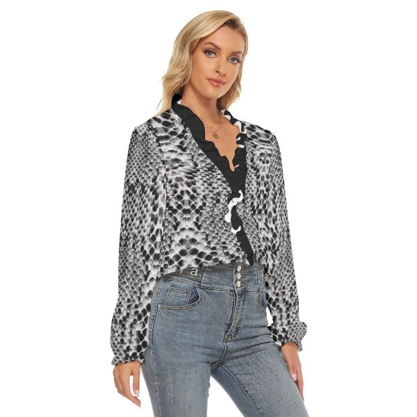 All-Over Print Women's Pleated Collar V-neck Shirt