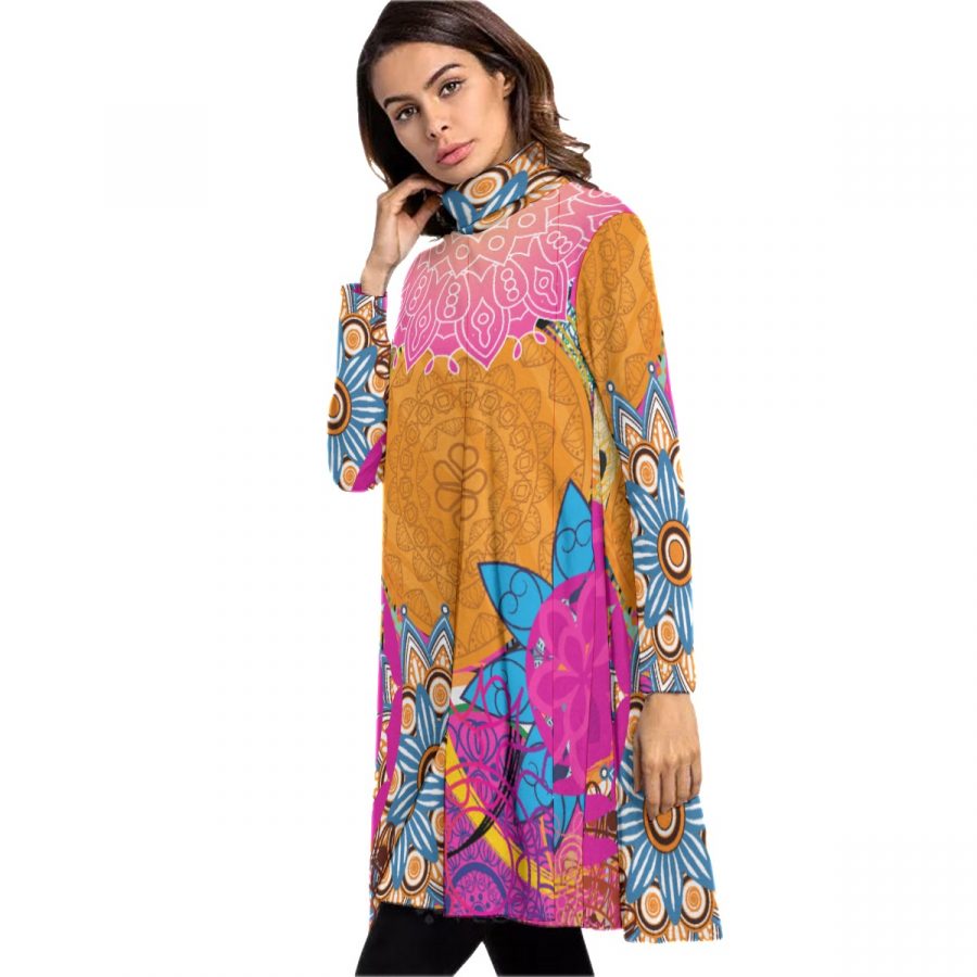 All-Over Print Women's High Neck Dress With Long Sleeve - Image 3