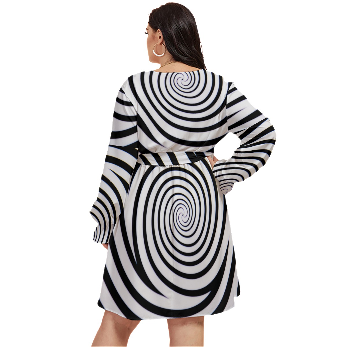All-Over Print Women's V-neck Dress With Waistband(Plus Size) - Image 2